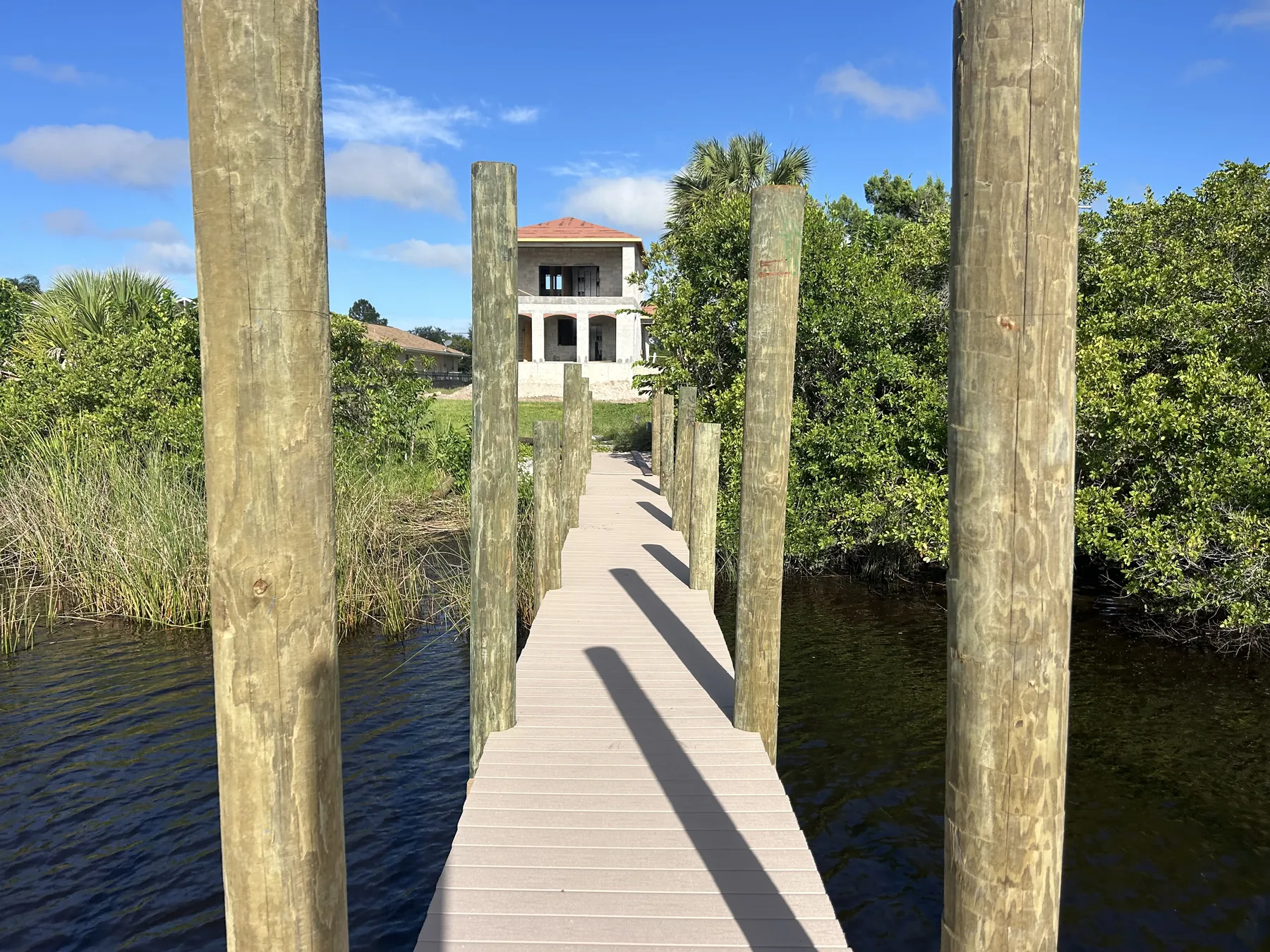 A dock walkway lined by tall timber pilings between mangroves