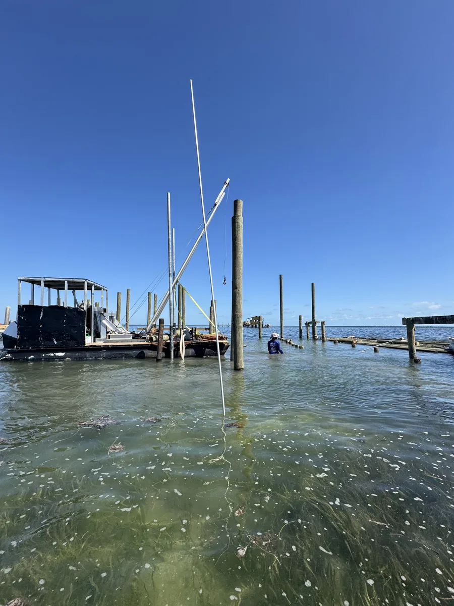 Timber pilings and a marine construction barge