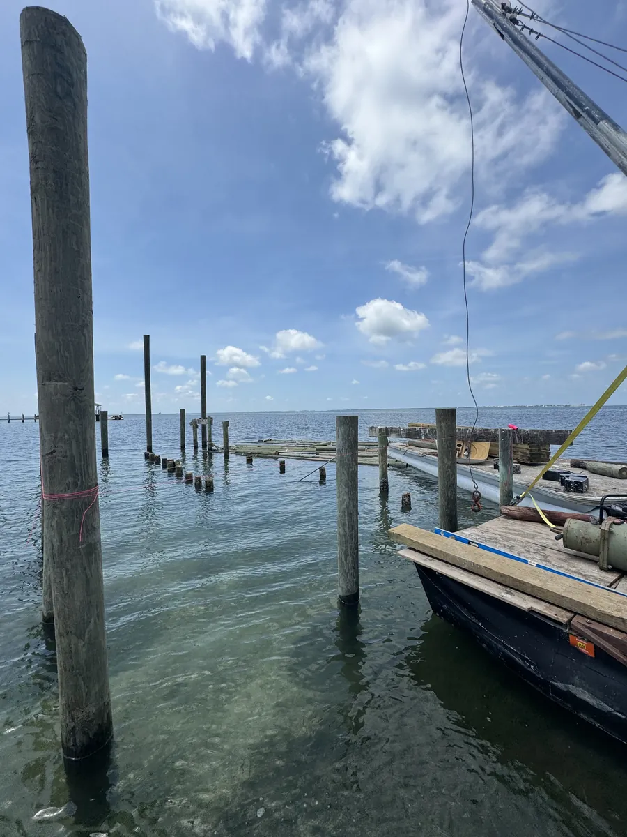 Timber pilings and a work barge viewed close to the water surface