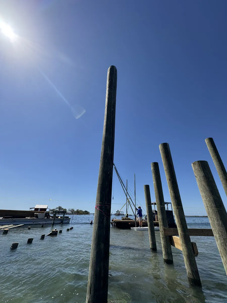 Tall timber pilings extending through open water beside a marine work area